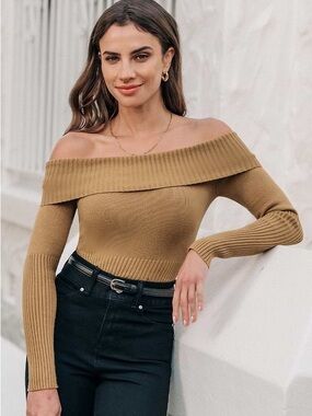 Cupshe Camel Off-Shoulder Ribbed Knit Sweater